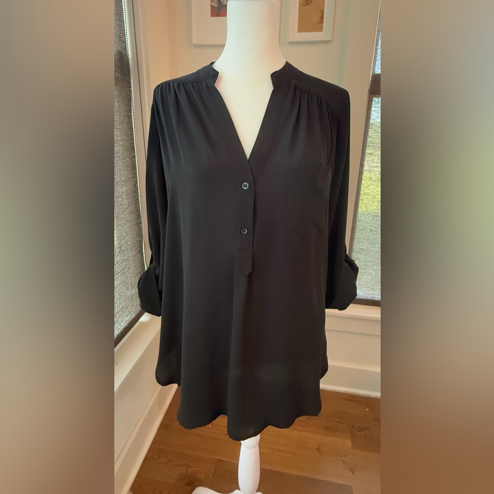 Pleione. Black Tunic Camp Blouse. Size XS.